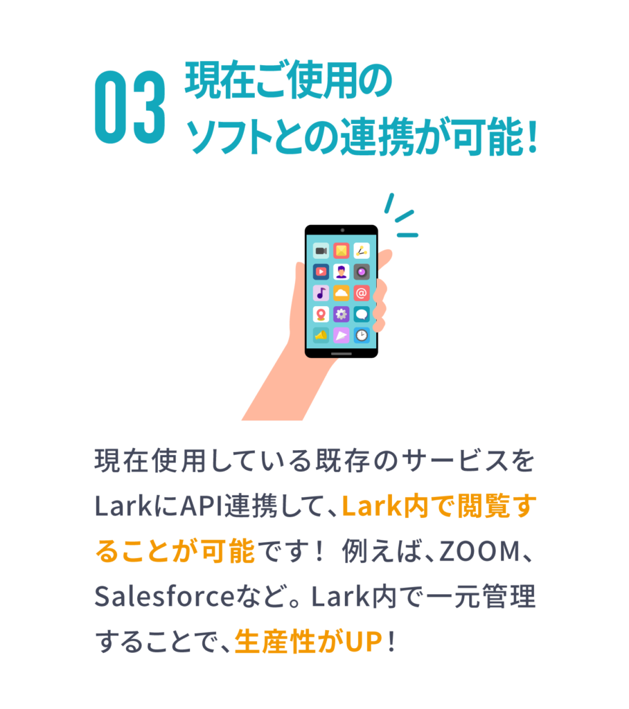 Lark_必要なアプリ・ソフト・システムの一本化ならLARK_一元化_LARKなら現在ご使用のソフトとの連携が簡単に可能