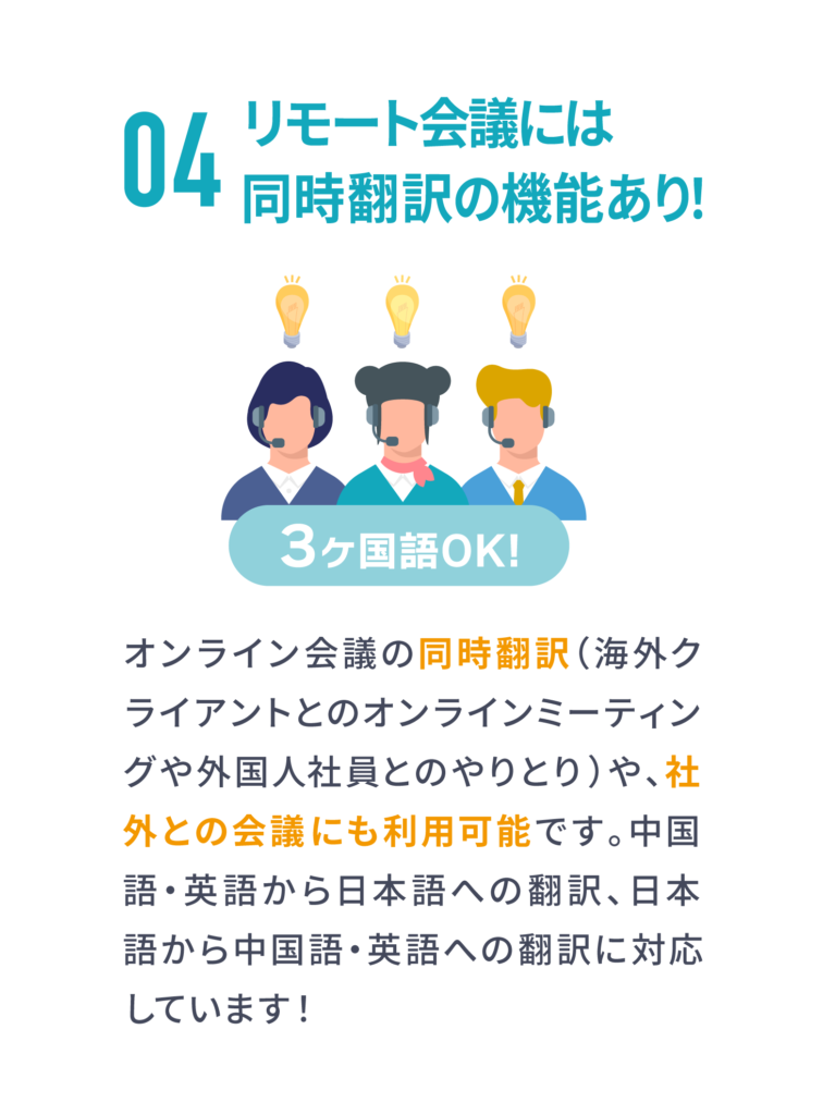 Lark_必要なアプリ・ソフト・システムの一本化ならLARK_一元化_LARKならリモート会議時に同時翻訳ができる。中国語、英語、その他言語も随時追加中